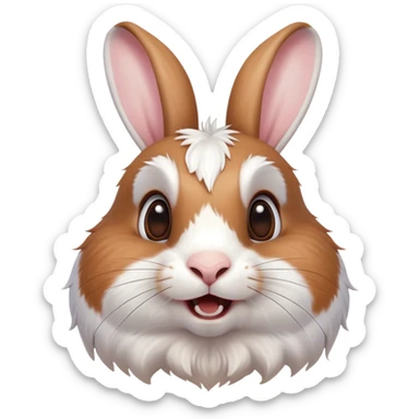 Cinematic Comical White and Brown Rabbit Portrait Emoji, Head tilted dramatically with an exaggeratedly amused expression, featuring a striking fur with a playful mix of white and brown patches, wide, expressive eyes filled with playful disbelief, Simplified yet hilariously expressive features, highly detailed, glowing with a slightly sassy glow, high shine, dramatic yet playful, stylized with an air of cheeky mischief, bright and endearing, soft glowing outline, capturing the essence of a spirited and over-the-top bunny, so meme-worthy it feels like it could side-eye its way into internet fame instantly! sticker