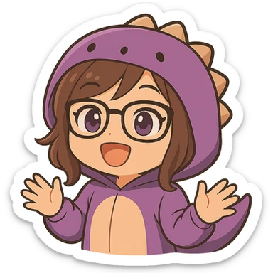 Add visible, expressive hands to the chibi anime style gamer girl with glasses, brown hair, dark purple eyes, and a purple dinosaur costume. She is happy with eyes open, holding no controller. Keep the same chibi anime style as the reference image. No background. sticker