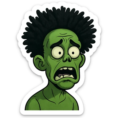green zombie with black spiky afro-textured hair, expressive face sticker