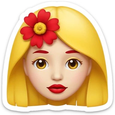 Create an yellow circle face emoji that lips are big, red, shiney and have flower on her head sticker