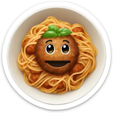 spaghetti with meatballs in a bowl with basil sticker