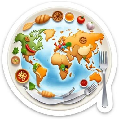 Icon for Culinary Tourism: a world map with food elements like a fork, knife and dish, surrounded by iconic dishes from various countries. The icon should represent the exploration of global cuisines and travel experiences. Transparent background. sticker