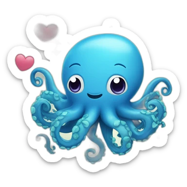 cute blue kraken with adorable face with many hearts around sticker