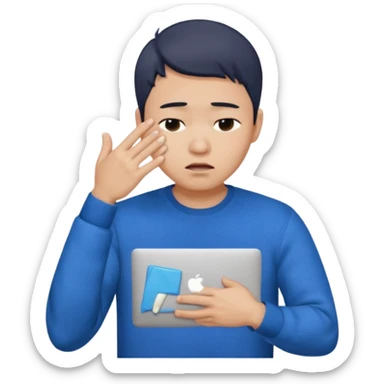a crying asian handsome guy wearing a blue knit with white shirt, facepalming with only one hand, with a macbook, only upper body, high quality.  sticker