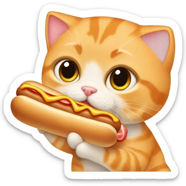 Orange scottish fold cat eating a hot dog sticker