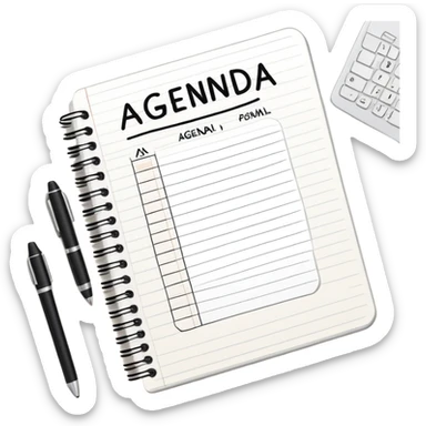 A notebook with 'AGENDA' written on top and meeting items listed below with bullet points sticker