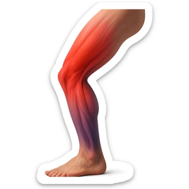 realistic human leg with overload shown by color gradients from red to purple, muscles in tension, 3D effect, isolated on white background sticker