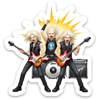 Icon for Heavy Metal Music: band on stage with electric guitars, drums and intense lighting. Musicians headbanging, surrounded by energy and stage effects, capturing the power and intensity of a metal concert. Transparent background. sticker