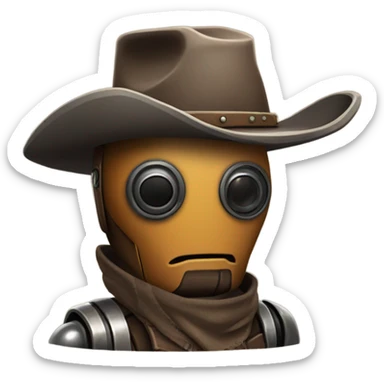 human-sized wild west Bounty hunter cowboy droid wearing a small hat relaxed pose bearded rusty sticker