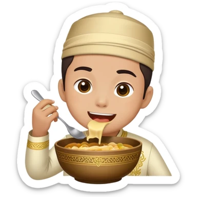 sticker of one handsome boy wearing songkok and baju melayu with sampin having tics and eating big bowl sticker