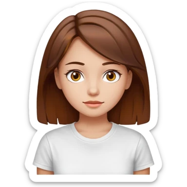 A Girl with Brown hair and Brown eyes with a t-shirt White. The t-shirt have un  sticker