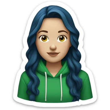 white girl with long wavy dark blue middle parted hair wearing green hoodie sticker