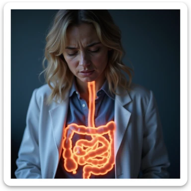 close-up hyperrealistic 4K image of a woman with autoimmune disease, expression of pain, transparent anatomical illustration showing inflamed intestine, medical environment sticker