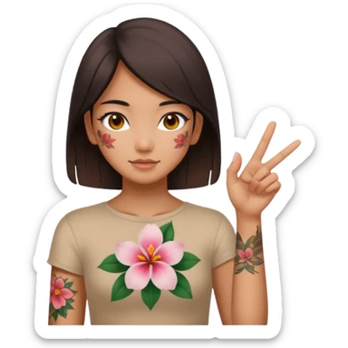 make me an image of a girl from hong kong with brown eyes and a hong kong flower tattoo on her back flipping off the camera sticker