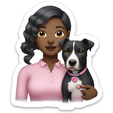 Black lady with black hair hugging all grey pitbull with pink collar sticker