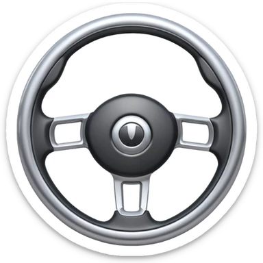 A futuristic steering wheel emoji made of silver chrome, minimal geometric design, smooth metallic surface, soft reflections, iOS emoji style, centered, clean white background sticker