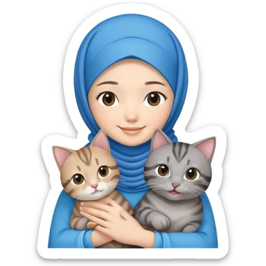 Asian white girl wearing blue hijab with dress holding a black grey tabby cat while smiling sticker