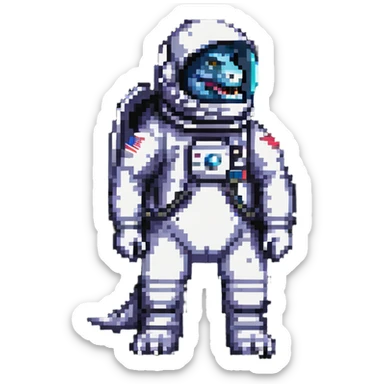 pixel art t-rex astronaut with a space helmet sticker
