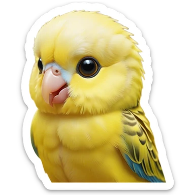 Cinematic Cute Yellow Budgie Portrait Emoji, Head tilted playfully and inquisitively, featuring a radiant yellow feathered fur with a natural sheen, round, sparkling dark eyes filled with curiosity, Simplified yet irresistibly adorable features, highly detailed, glowing with a warm, friendly glow, high shine, affectionate and lively, stylized with a touch of whimsy, bright and endearing, soft glowing outline, capturing the essence of a mischievous yet loving budgie, so playful it feels like it could chirp out of the screen and into your arms! sticker