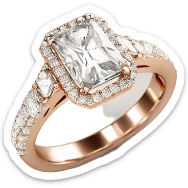 Rose gold radiant cut diamond engagement ring with small diamonds around the band sticker