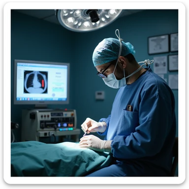 realistic or semi-realistic style, cardiologist in operating room inserting a coronary stent, hospital billing screen in the background showing $30,000 charge, wall displays NIH studies proving medical therapy is equally effective, critical and metaphorical atmosphere sticker