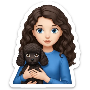 Brunette girl with long wavy hair and blue eyes holding one black puppy poodle with brown eyes. No decoration on the dog.  sticker