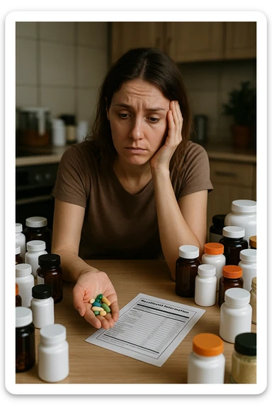 a woman in her 30s sits at her kitchen table, surrounded by dozens of supplement bottles, powders, and pills. She looks anxious and fatigued, with her head resting in one hand while the other holds a handful of colorful capsules. On the table, a nutrition chart is ignored, and her skin appears slightly dull or stressed. The mood is cautionary and educational. in italiano sticker