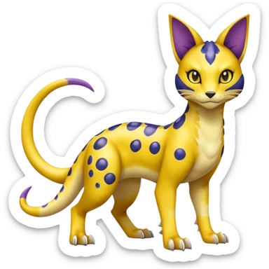 Golden-mustard-beige-yellow-gradients-colored, with black rosette-spots, scaley Bastet-Liepard-Noibat-Gatomon-Garchomp-Digimon-Fakémon-Pokémon-creature (full body) sticker