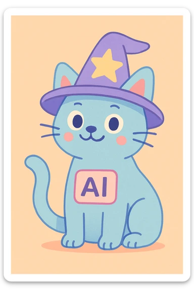 soft pastel illustration of AI helper cat with a magic hat on its head sticker
