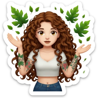 full body view of a woman with long curly brown hair, brown eyes, white skin, tattoos, slow sarcastic clap, glowing leaves falling sticker