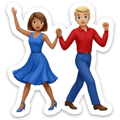 Two people. Man  wearing all red  with brown hair. Women iall blue with blond hair. Swing Dancing.  sticker