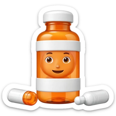 A 3D cartoon medicine bottle with orange transparent body and white cap, filled with pills, soft studio lighting, realistic Memoji-style. sticker