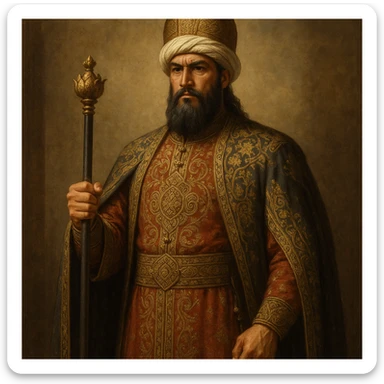 ancient Seljuk sultan, Turkish empire, ceremonial dress, detailed embroidery, holding a scepter, powerful stance sticker