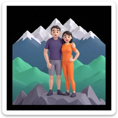 back packer couple posing, mountains in background,   close up pose sticker