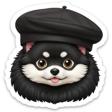 fluffy black pomeranian with a beret sticker