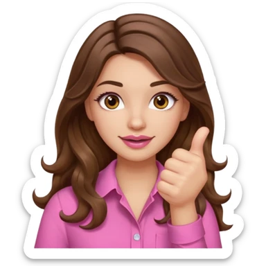 girl with long wavy brown hair, brown eyes, light to medium complexion, in a pink shirt, pink lips, long lashes, thumbs up sticker