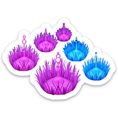 Cyberpunk farm glowing in purple and blue neon lights, wheat fields and vegetables growing from illuminated soil, surreal skeuomorphism style, no robots, atmospheric lighting, night setting sticker