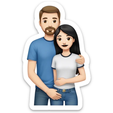 tall white man with brown hair goatee mustache wearing t-shirt and jeans hugging a shorter white woman with long black hair sticker