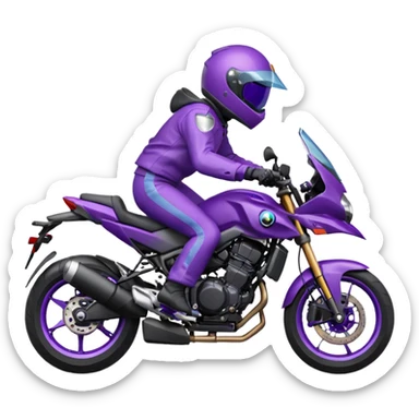 Créer un emoji avec une moto mt07 sport noir mate / violet iridescent très foncé, pare-brise de la moto violet. Avec une pilote dessus, visage complet caché  par la visière violette . Avec en arrière plan cercle violet. sticker