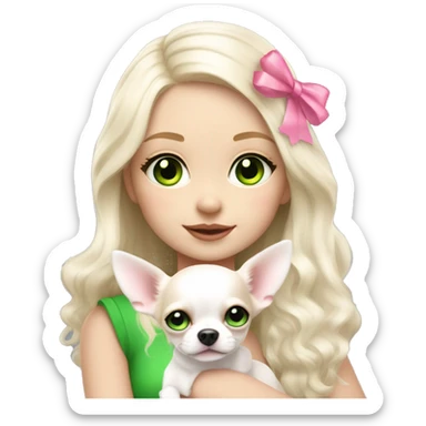 pale blond yt girl with wavy long platinum white hair with bright green eyes holding a white chihuahua puppy that wearing a pink bow sticker