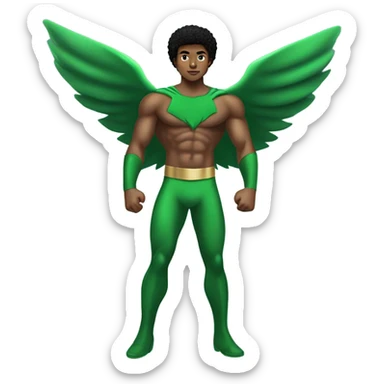 shirtless Muscular Afro teenage boy standing in a green superhero landing costume as the Sub Mariner or Prince Namor with “wings on each ankle. sticker