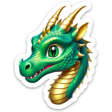 Cinematic Cute Dragon Portrait Emoji, Head tilted playfully and inquisitively, featuring a sleek, serpentine form adorned with iridescent scales that shift between emerald and gold, a delicate set of subtle horns, and round, sparkling eyes full of curious magic; rendered with realistic detail and warm natural light, high shine, affectionate and enchanting, styled with a touch of whimsical fantasy, soft glowing outline, capturing the essence of a mischievous yet lovable dragon that seems poised to slither playfully into your arms! sticker