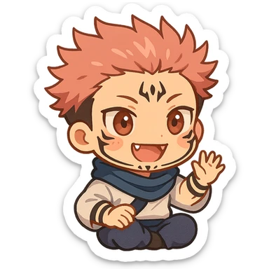 Sukuna in chibi style, with tiny fangs and markings, anime-inspired, vibrant colors sticker