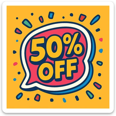 playful '50% OFF' sticker with confetti and bright colors, fun and energetic look sticker