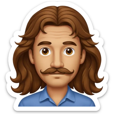 Man with long brown wavy hair and a really thin and bad moustache sticker