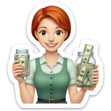 redhead woman with big smile holding glass jar with money bills inside sticker