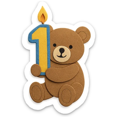 brown teddy holding sparkly number "1" candle, paper-craft style, transparent background sticker