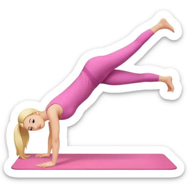 A fair-haired girl in a pink suit does a back bridge on a mat. two legs and a bridge to the other side sticker