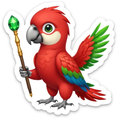 A red parrot with a magic wand sticker