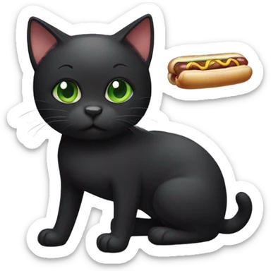 Black cat with green eyes and short hair eating a hotdog sticker